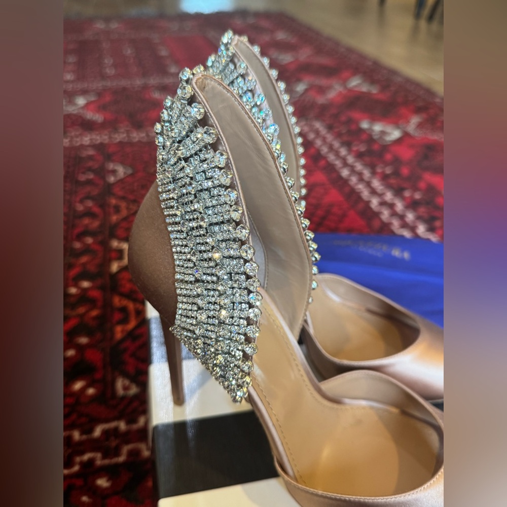 Aquazzura Blush Pink Satin Crystal Embellished Peep-Toe Heels - Picture 5 of 8